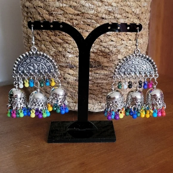 Fun Festival Earrings, Large Beaded Jhumka - Picture 2 of 3